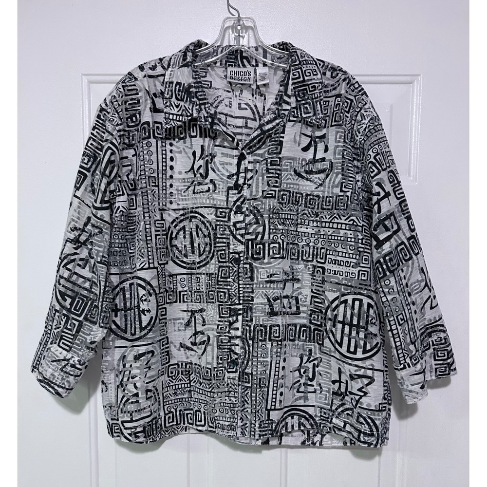 Chicos Design Linen Blouse Women's Size 3 Burnout Graphic Print Black White Top